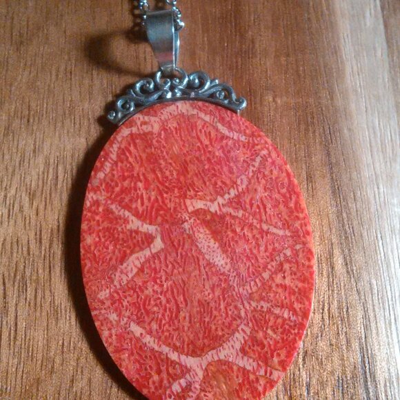 Red Sponge Coral Sterling Silver Pendant Stainless Steel Necklace - Picture 3 of 14